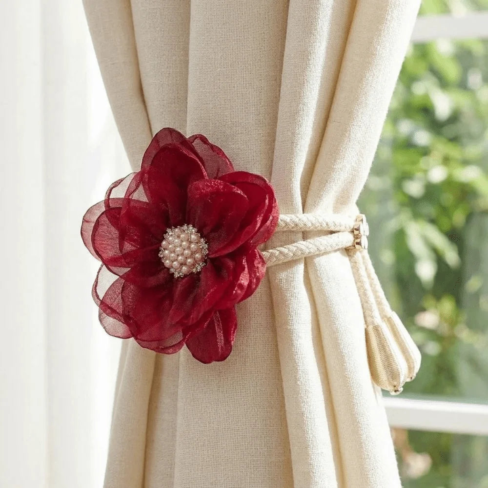 rideaux attaches fleurs décoratives beige bleu rouge rose noir tringle chambre coucher