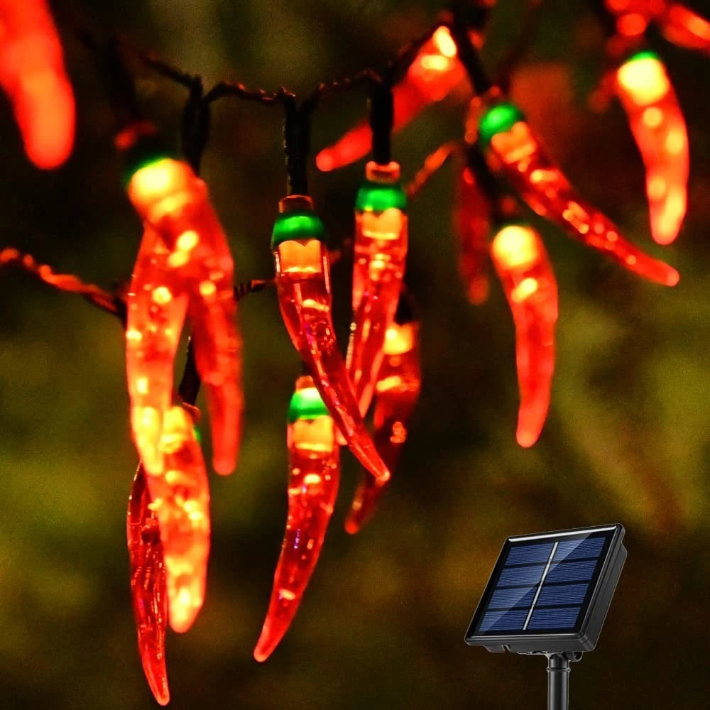 guirlande lumineuse piments rouges extérieure festive piments translucides texture décorative panneau solaire autoinstallation led