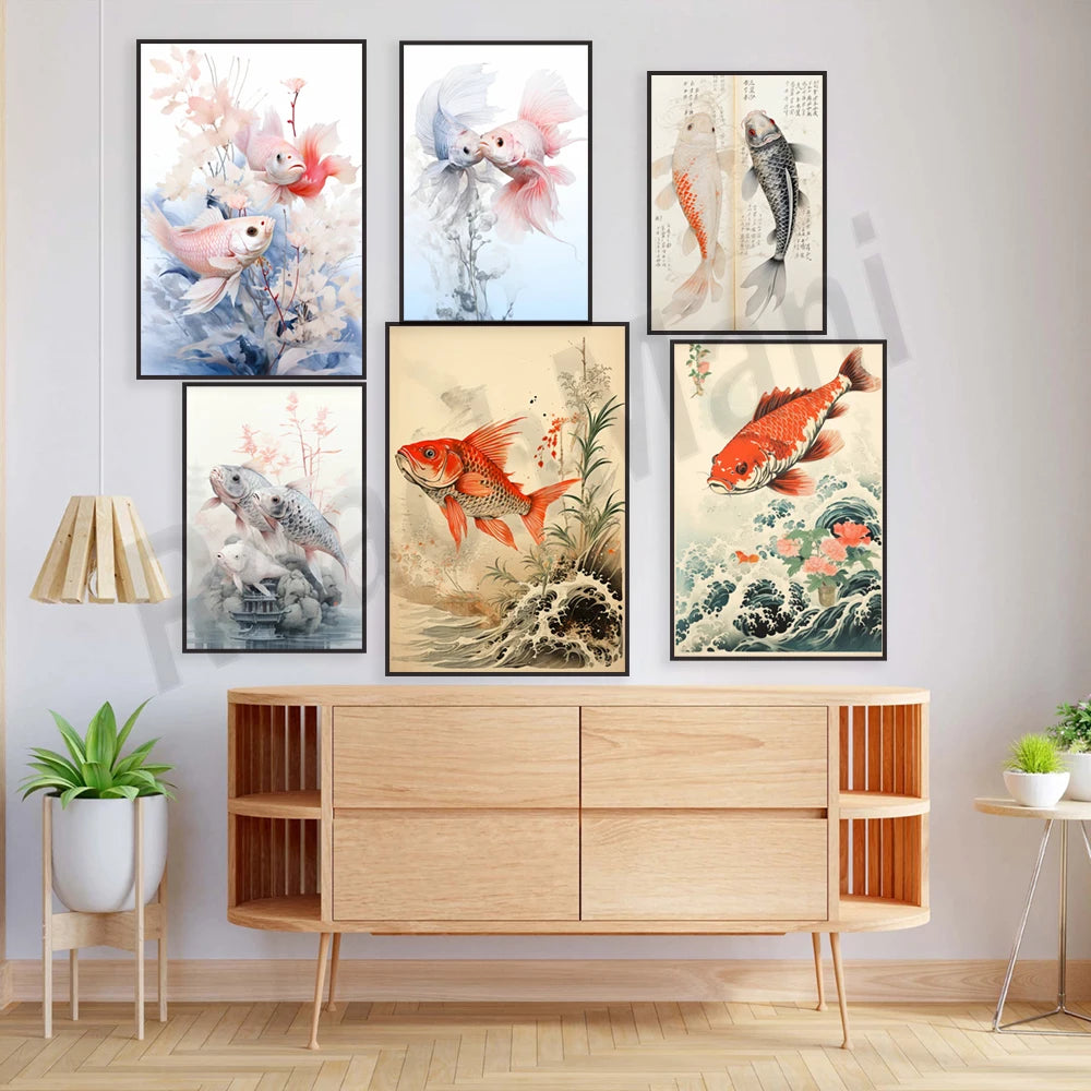 Une collection élégante d'illustrations de poissons rouges et de carpes Koï dans des styles variés, créant une atmosphère aquatique et apaisante dans cette pièce.
