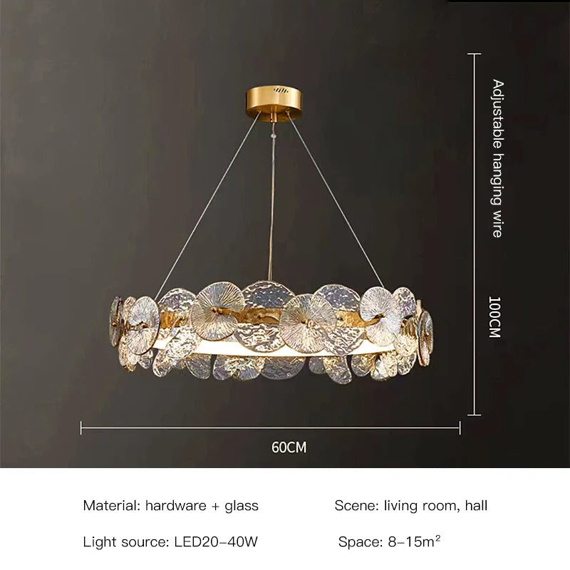 suspension lumineuse moderne dorée transparente disques circulaires texture rugueuse contemporaine élégante chaînes suspendues LED