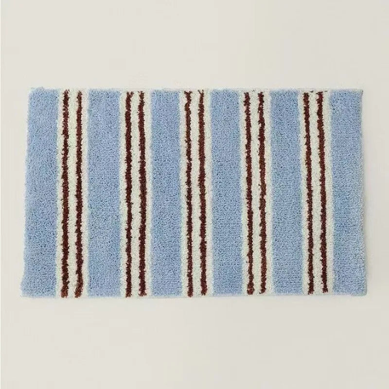 tapis sol polyester résistant rayures horizontales fleurs moderne bleu clair noir blanc marron rose