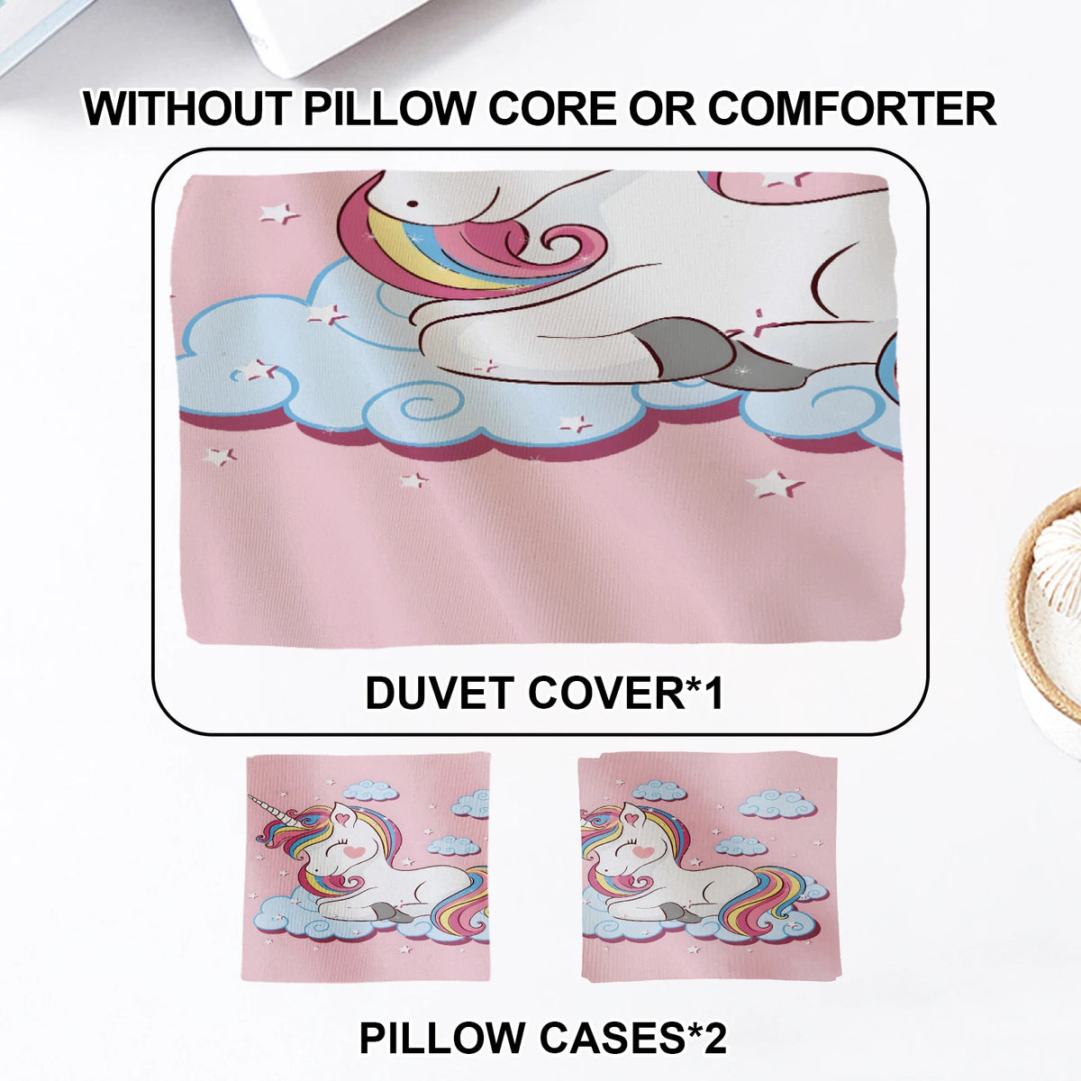 housse couette licorne nuages étoiles rose blanc enfant taies d'oreiller polyester motifs fantaisie chambre