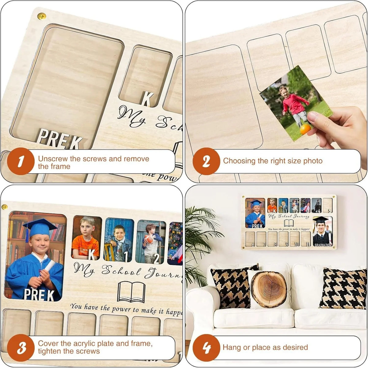 cadre photo bois My School Journey emplacements photos texte gravé rustique