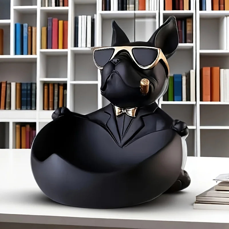 statue bulldog noir résine lunettes cravate cigare décoration humoristique maison moderne