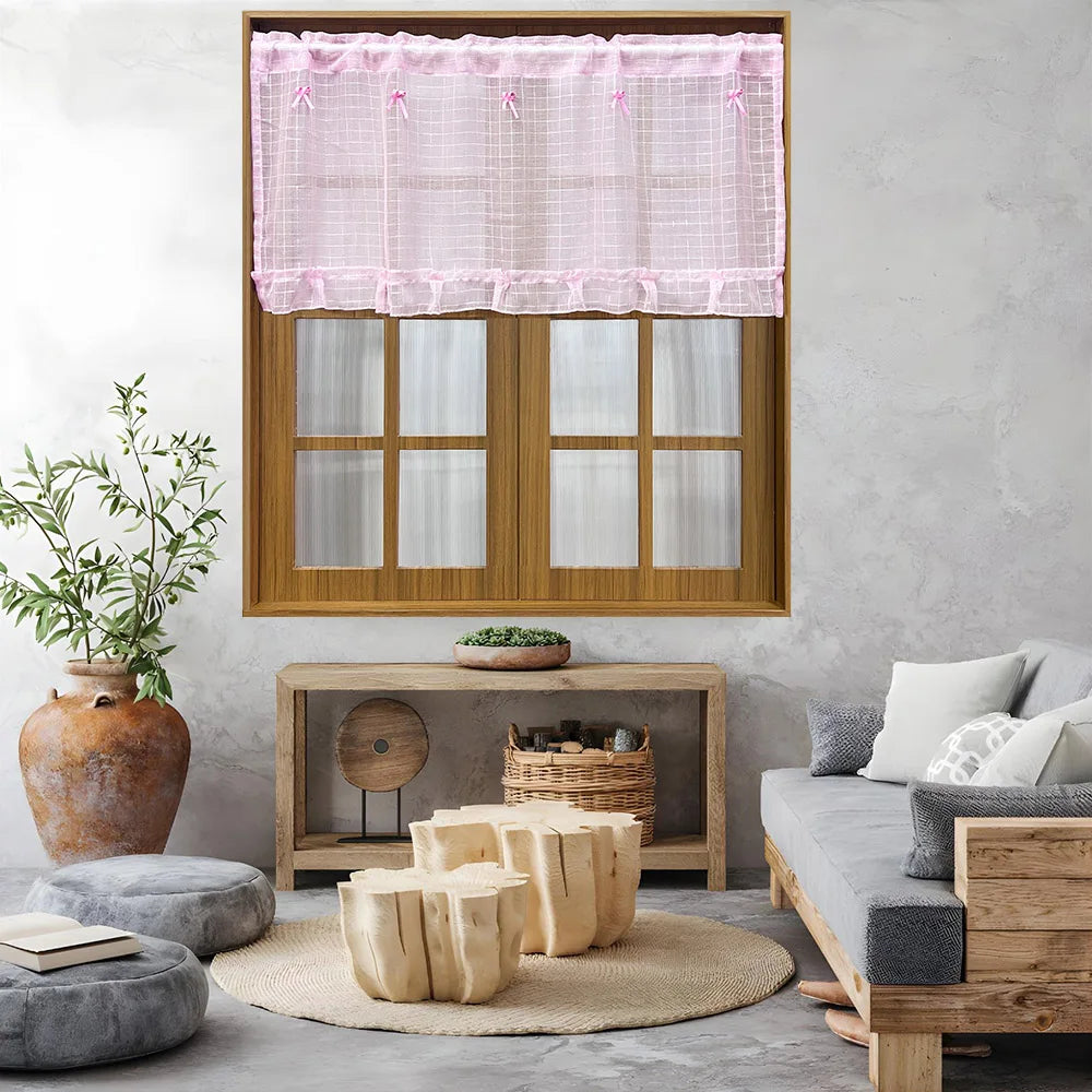 rideau tulle rose transparent classique rubans cuisine chambre petite fenêtre