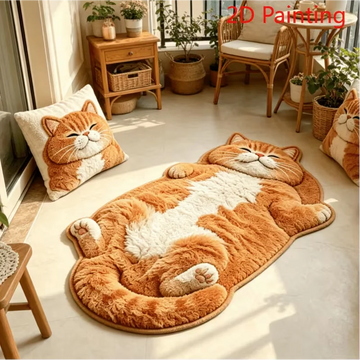 tapis peluche chaton orange blanc 3d décoratif chambre salon coussin assorti pile désossée