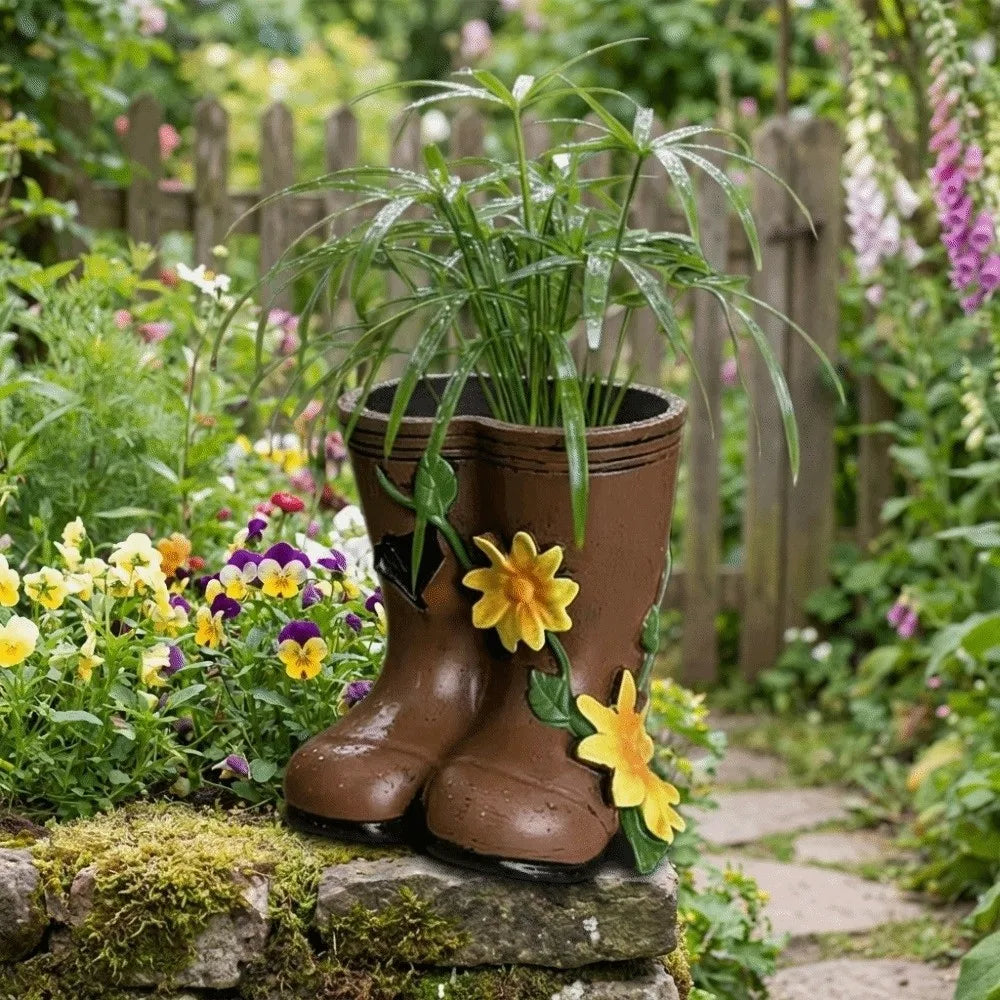vase forme botte marron imitation cuir rustique arrangement fleuri décoration jardinextérieur