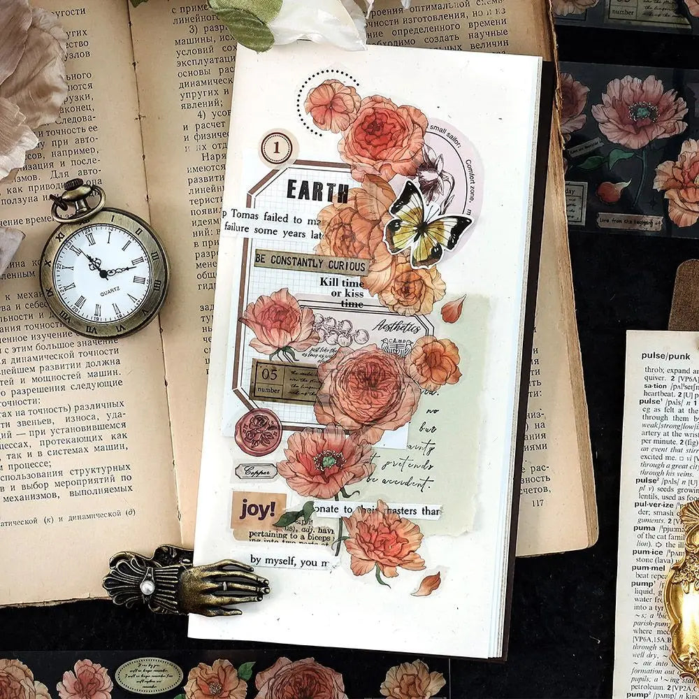 autocollants fleurs papillons texte vintage romantique bleu rose marron blanc pièces