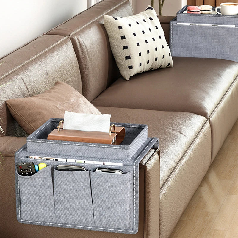 Sac rangement tissu géométrique gris adhésif accoudoir canapé moderne porte télécommande mouchoirs papier