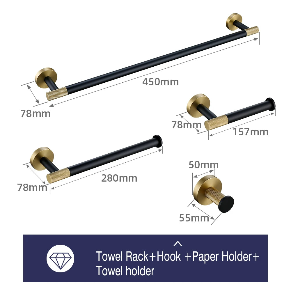 accessoires salle bains porte serviettes moderne porte savon noir doré texture moletée fixations élégants