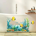 sticker mural poissons océan coraux algues adhésif salle bain résistant eau bleu vert jaune