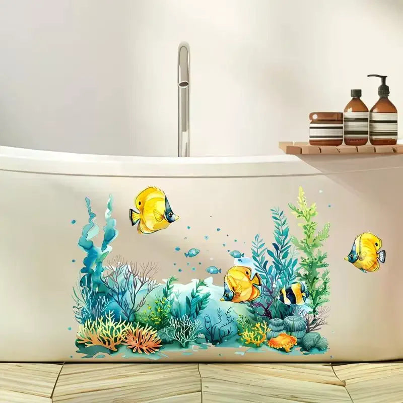 sticker mural poissons océan coraux algues adhésif salle bain résistant eau bleu vert jaune