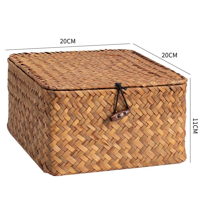 paniers rangement tressés rotin marron clair rustique couvercle utilisation multiple decorationintérieur bohème pastoral