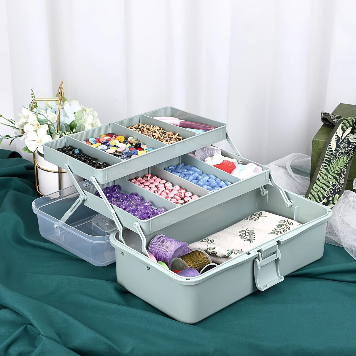 organisateur rangement boîte multi étages vert clair blanc compartiments plastique transparent utilitaire outils fournitures