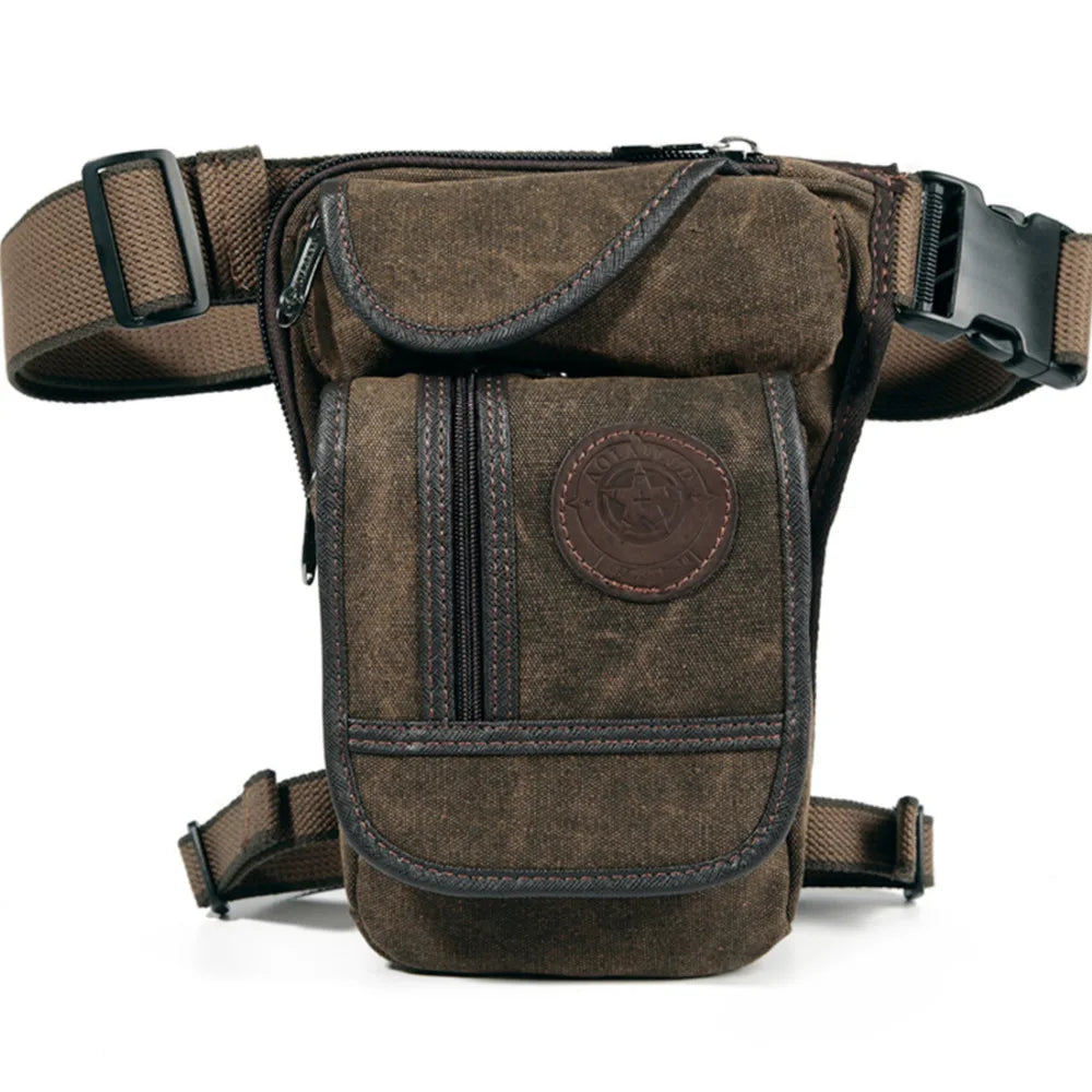 sac banane toile usée vintage marron foncé poche zippée ceinture homme poche intérieure solide