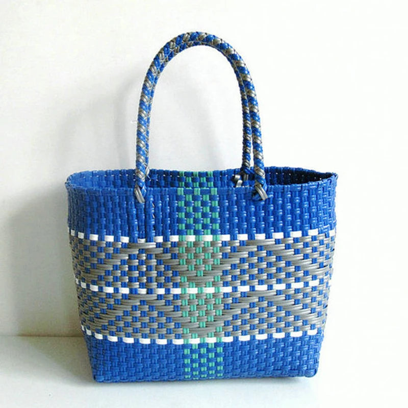 sac main plastique tissé géométrique polyvalent femme moderne noir blanc jaune bleu turquoise poches