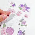 sticker adhésif dessin animé fleurs papillons coeurs maison insectes rose violet vert blanc