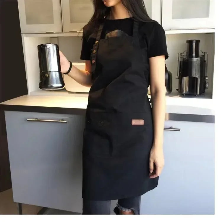 tablier toile polyester gris noir classique poche boutons élastiques cuisine uniforme serveur