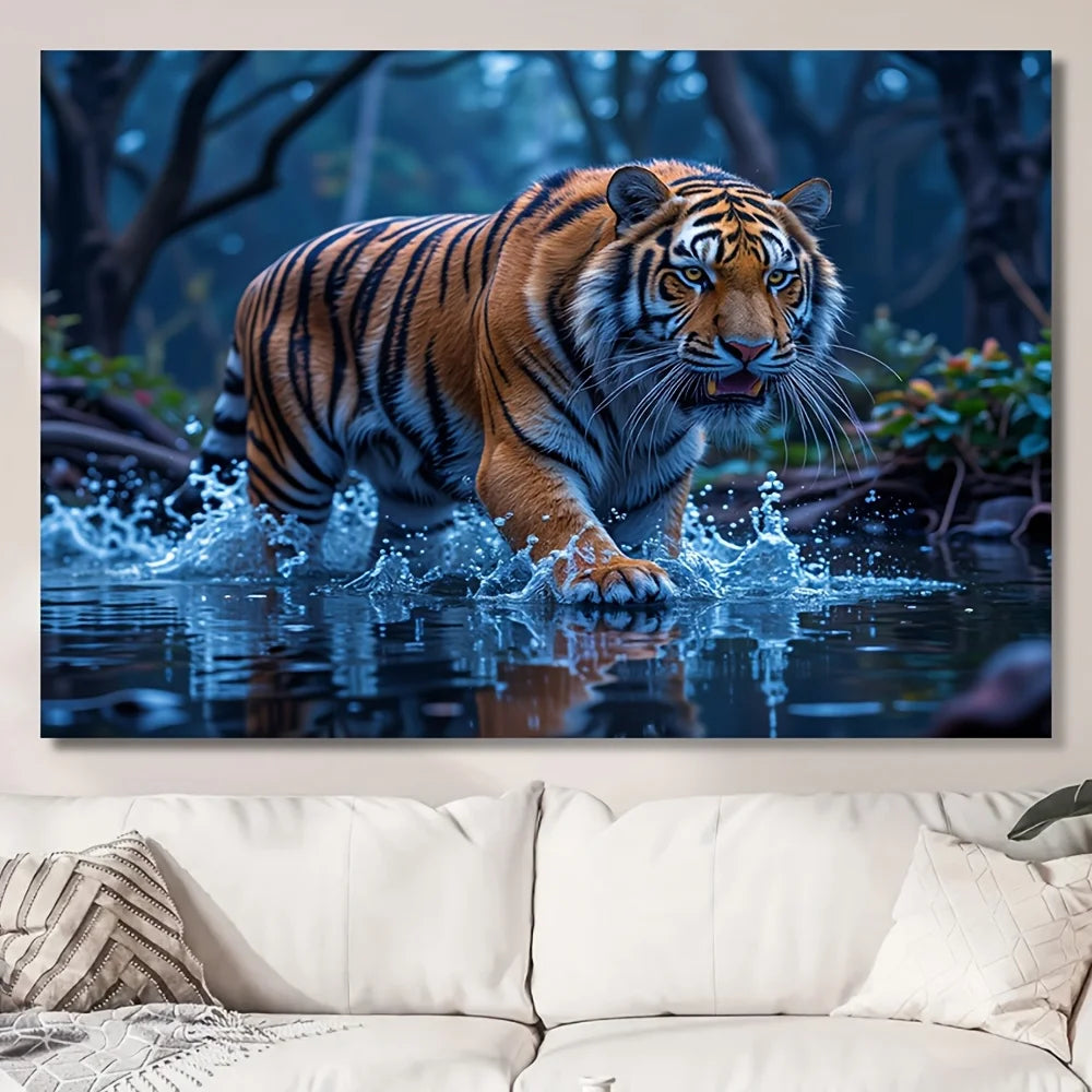 toile d'art tigre eau réaliste orange noir bleu maison décoration 100 polyester