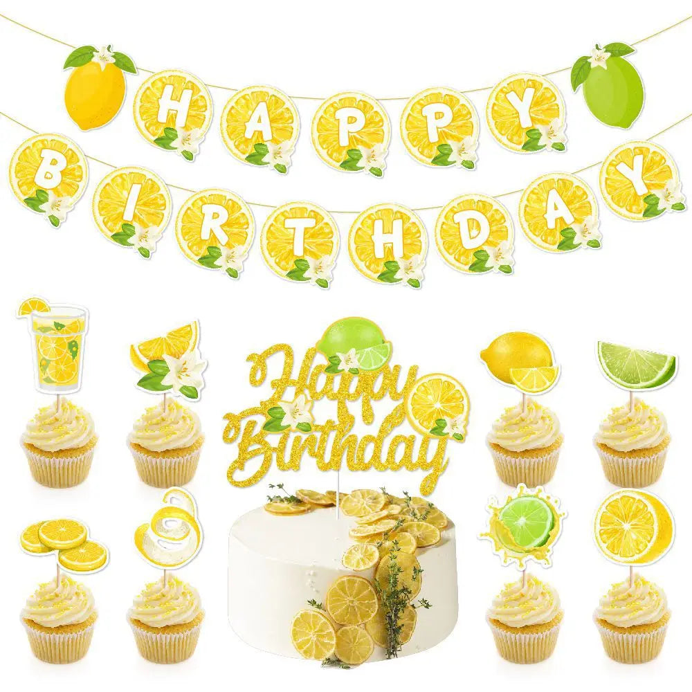 décoration fête anniversaire guirlande happy birthday citrons jaune vert papier citronnade lettres cake topper