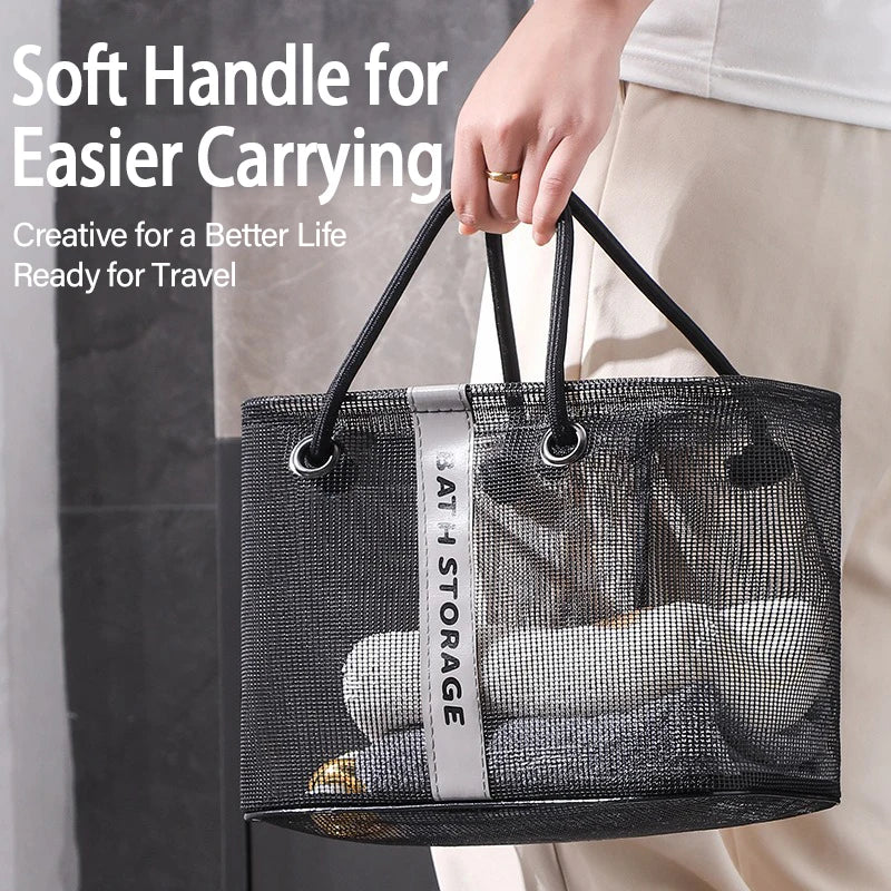 sac rangement transparent polyester maille fine moderne anneaux métalliques poignées bouteilles flacons produits toilette