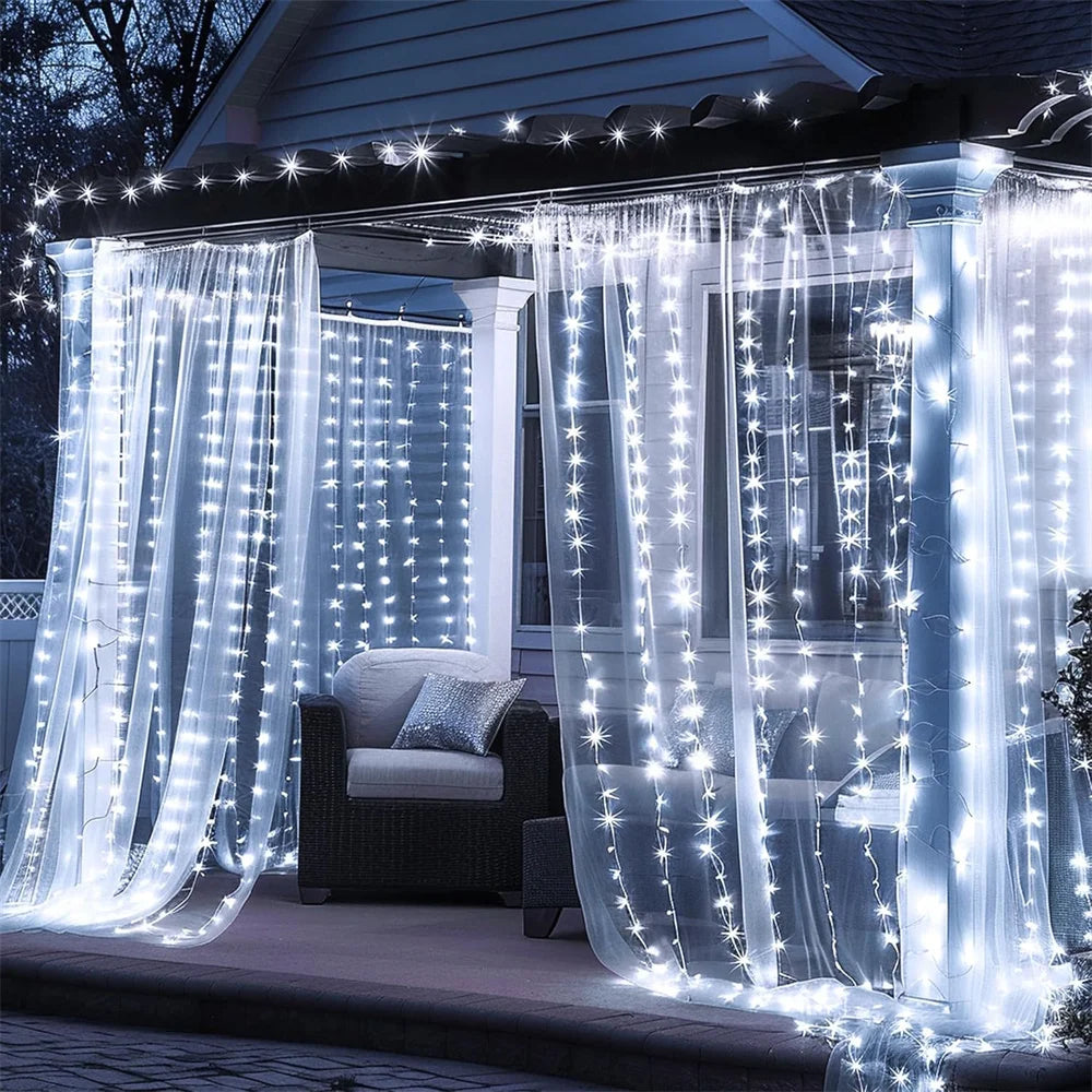 rideau lumineux led blanc moderne 3m 3m 300 leds clips batteries alimentationextérieur decoration