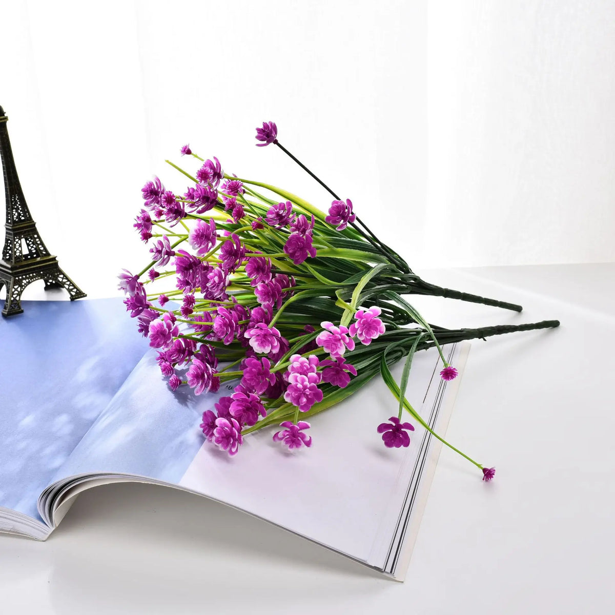 Bouquet artificiel violet rose feuilles vertes décoration intérieure tringle moderne minimaliste