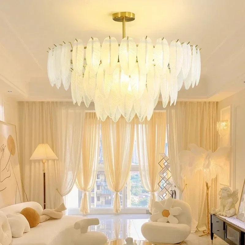lampe suspendue moderne élégante blanc doré plumes verre opacité 3000K 4200K 6000K chambre salon