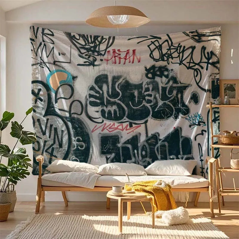 tapisserie graffiti moderne polyestère blanche noire bleue rouge verte urbaine abstraite clips clous adhésif
