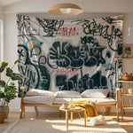 tapisserie graffiti moderne polyestère blanche noire bleue rouge verte urbaine abstraite clips clous adhésif