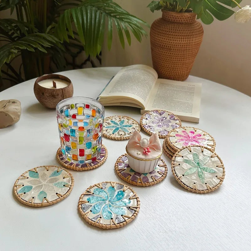 coasters rotin multicolore mosaïque floral antichoc table moderne respectueux environnement thermal insulation