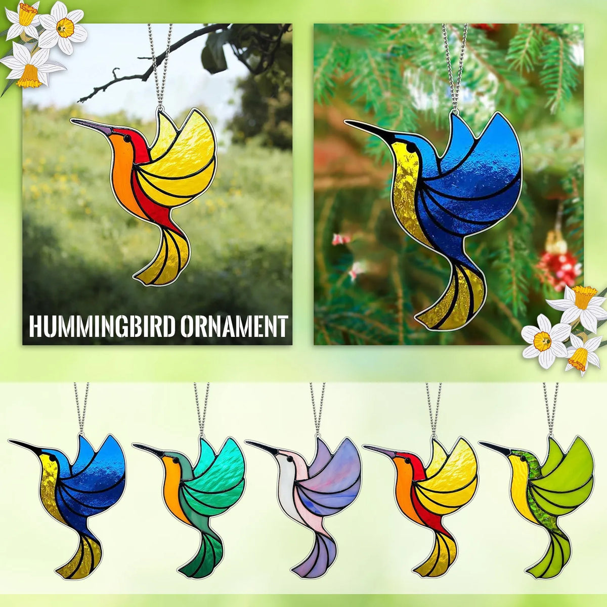 pendant oiseau suspendu vert jaune bleu artisanal tiffany motifs géométriques translucides chambre maison jardin