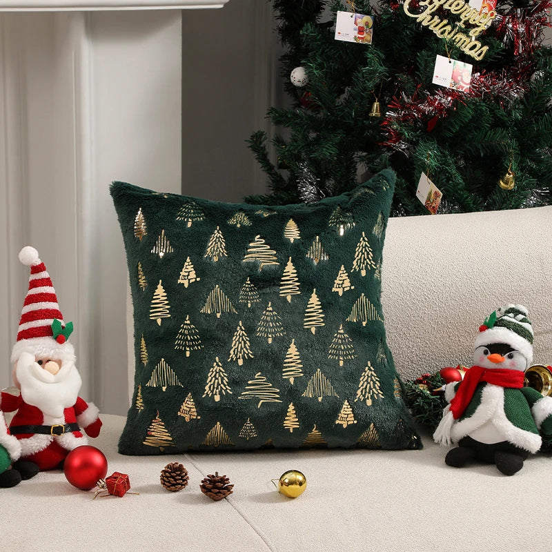 coussin peluche motif sapins dorés vert foncé festif 45x45cm