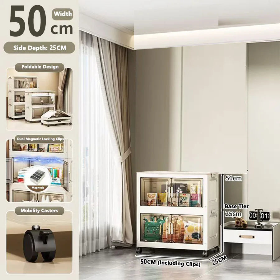 meuble rangement modulable blanc roulettes portes transparentes rayures verticales modernes