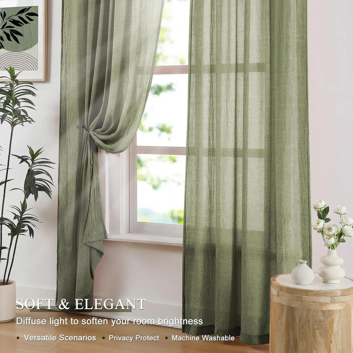rideaux vert sauge texturés translucides bohèmes fenêtre passe tringle isolation thermique