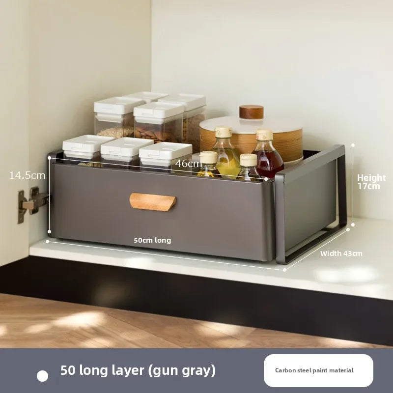 meuble tiroirs cuisine gris blanc poignées bois rangement sous évier