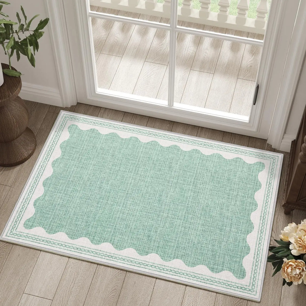tapis moderne rose clair vert pastel bleu ciel anti dérapant bordure dentelée polyester 30x50cm