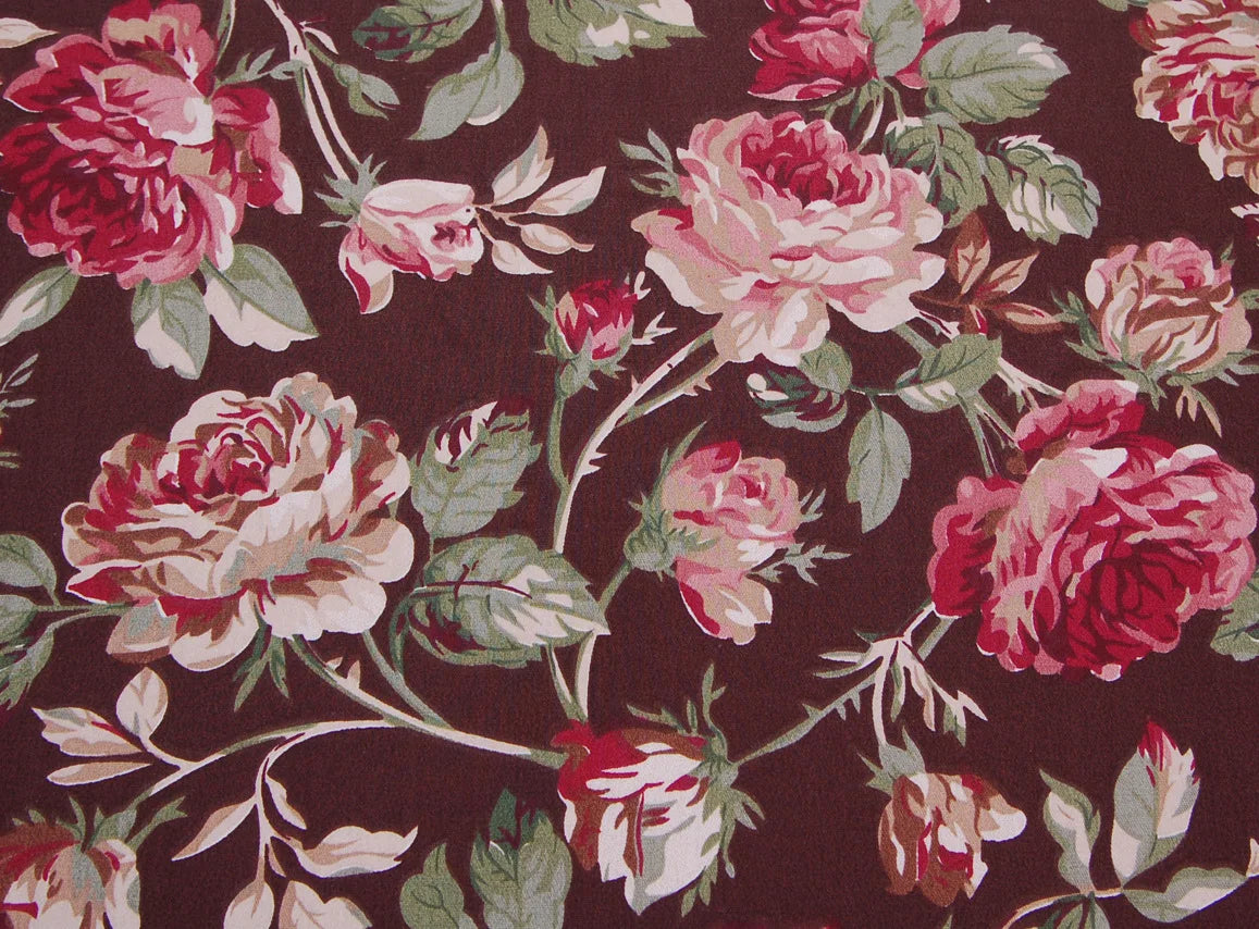 tissu coton biodegradable floral marron rose vert motifs roses champetre vintage romantique 160cm