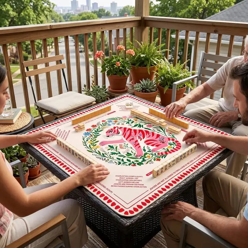 tapis jeu mahjong carré motif tigre orange floral caoutchouc antidérapant jeux société