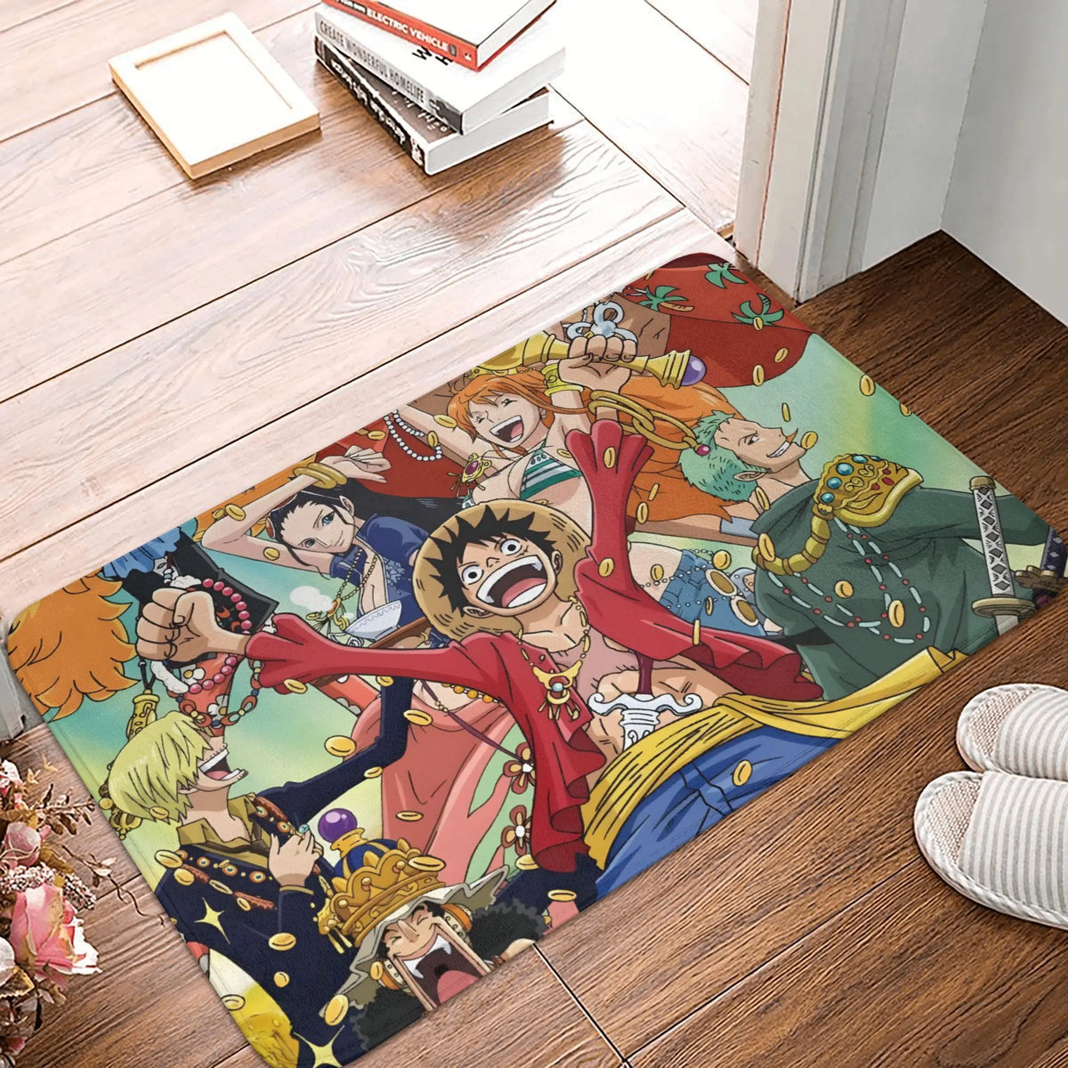 tapis sol antidérapant one piece zoro épées croisées moderne vert noir blanc