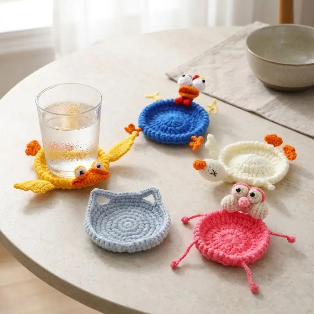 coasters crochetés coton blanc bleu jaune rose animaux résistants chaleur absorbants