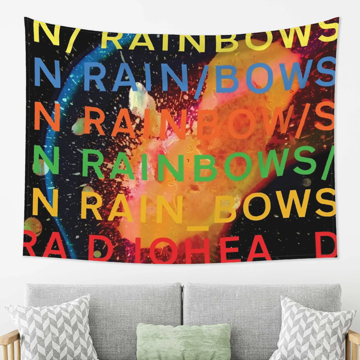tapisserie abstraite multicolore moderne lettres rainbows gouttes d'eau 180x230cm 150x200cm 230x180cm 150x150cm
