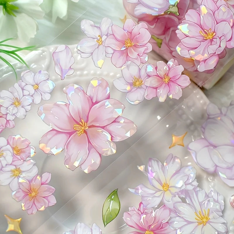 ruban decoratif fleurs cerisier rose clair blanc vert 2m illustration florale motifs dorés scrapbooking