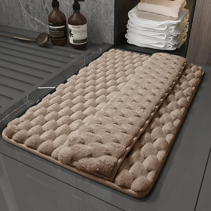 tapis bain polyester blanc gris marron texture moelleuse motif rondes formes moderne épuré absorbant