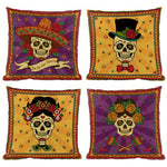 ensemble quatre taies d'oreiller décoratives crâne mexicain fleurs violet jaune folklorique maison