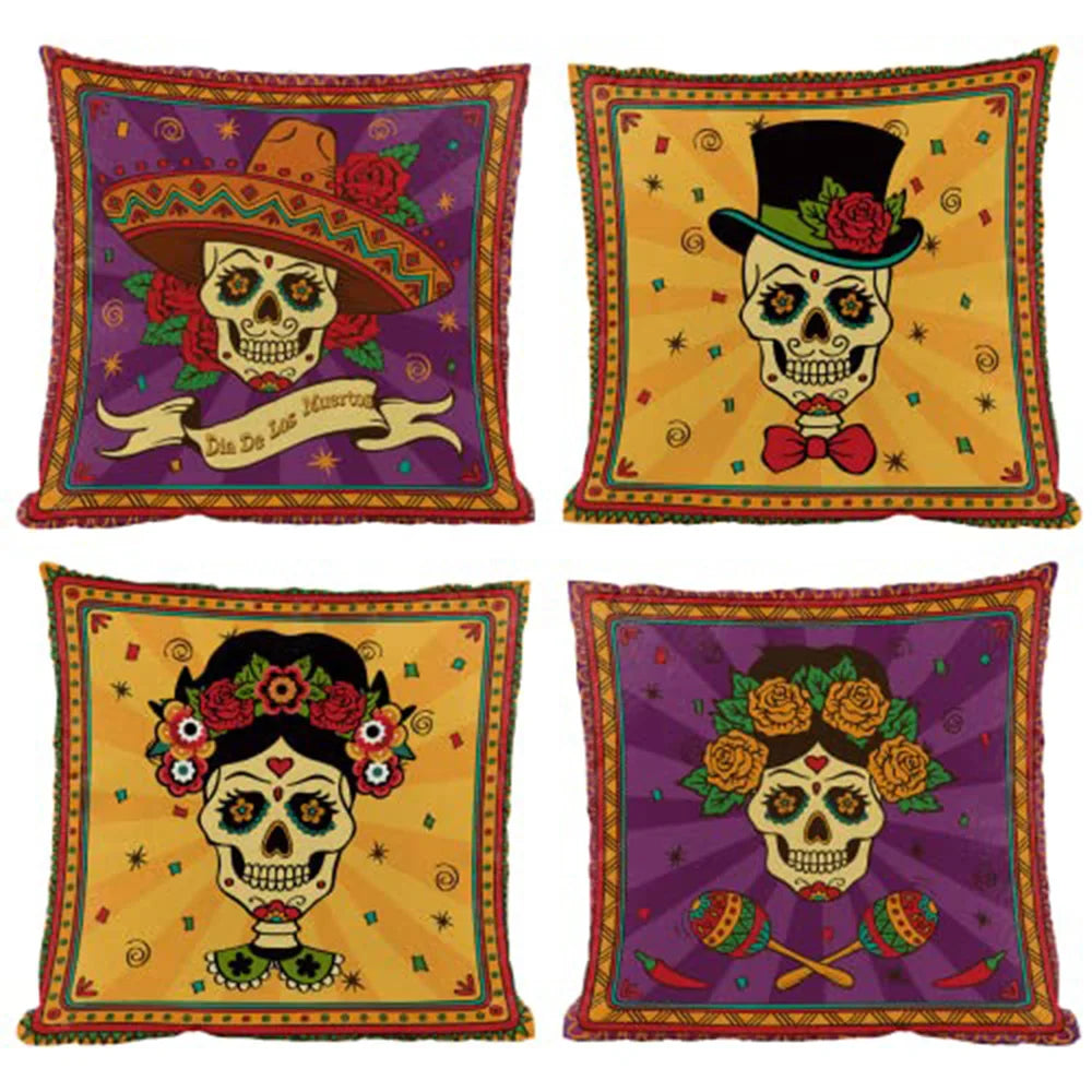 ensemble quatre taies d'oreiller décoratives crâne mexicain fleurs violet jaune folklorique maison