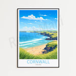 Une scène idyllique de la côte cornouaillaise en Angleterre, avec des falaises escarpées, une plage de sable doré et une mer turquoise sous un ciel bleu parsemé de nuages.