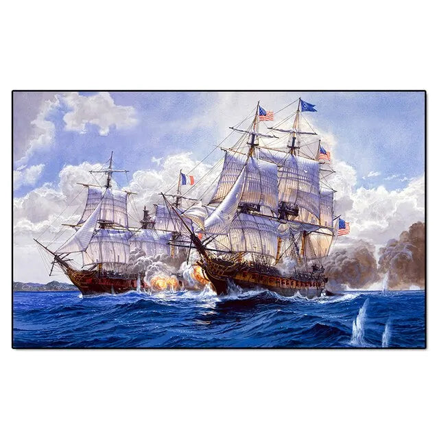 peinture murale marine voiliers océan bleu blanc paysage salon huile toile horizontalDecorationArtiste