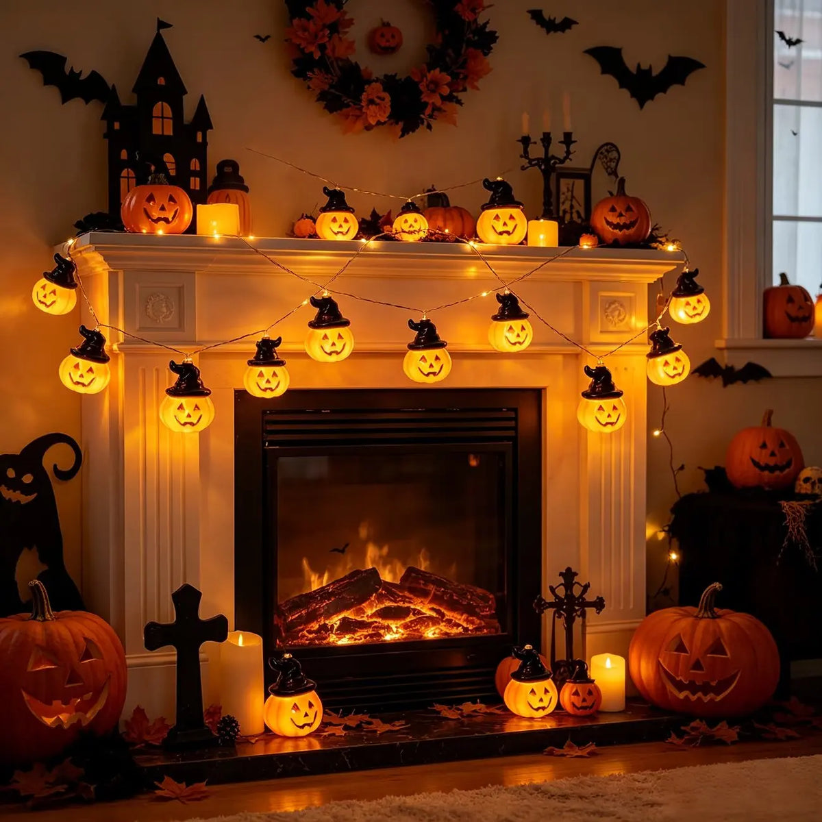 guirlande lumineuse halloween citrouilles souriant chapeaux noirs orange led piles chambre salon