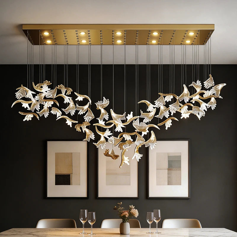 lampe suspendue contemporaine élégante dorée feuilles stylisées lumière blanche translucide 3000k 4000k 6000k